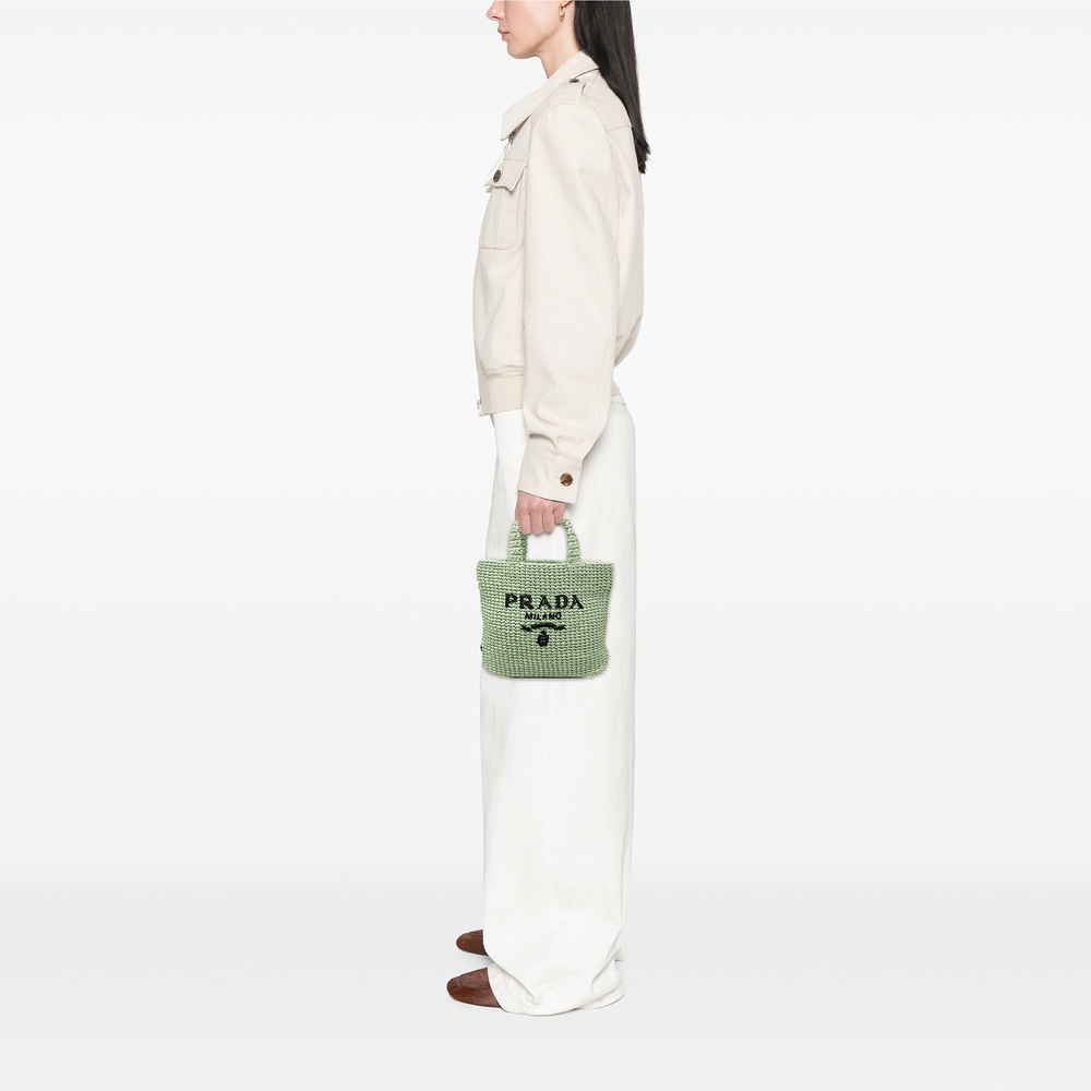 Pre-Loved Prada Small Raffia Effect Crochet Embroidered Logo Tote - Picture 6 of 7